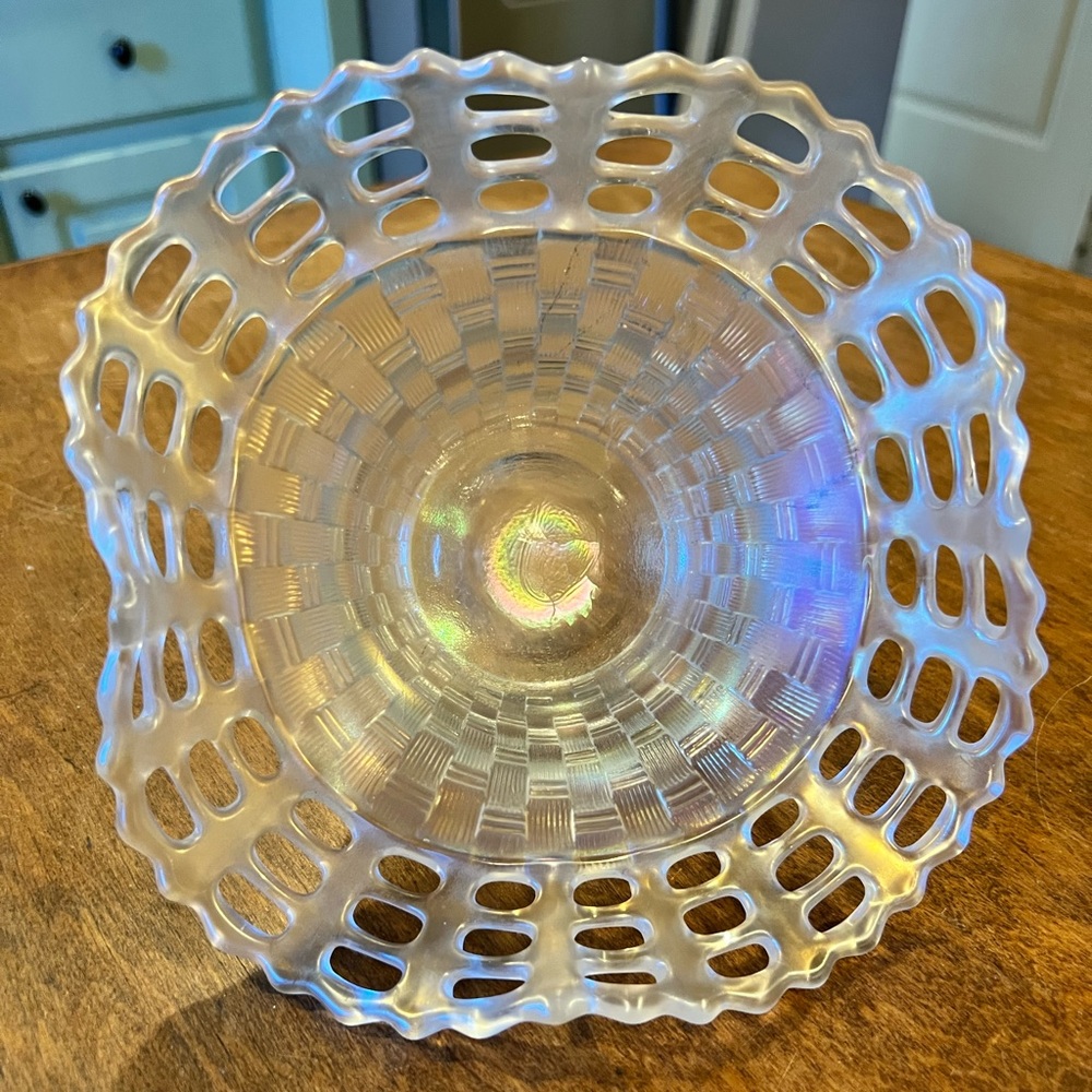 Fenton Iridescent 3 Row Open Lace Basket Weave Bowl Dish White